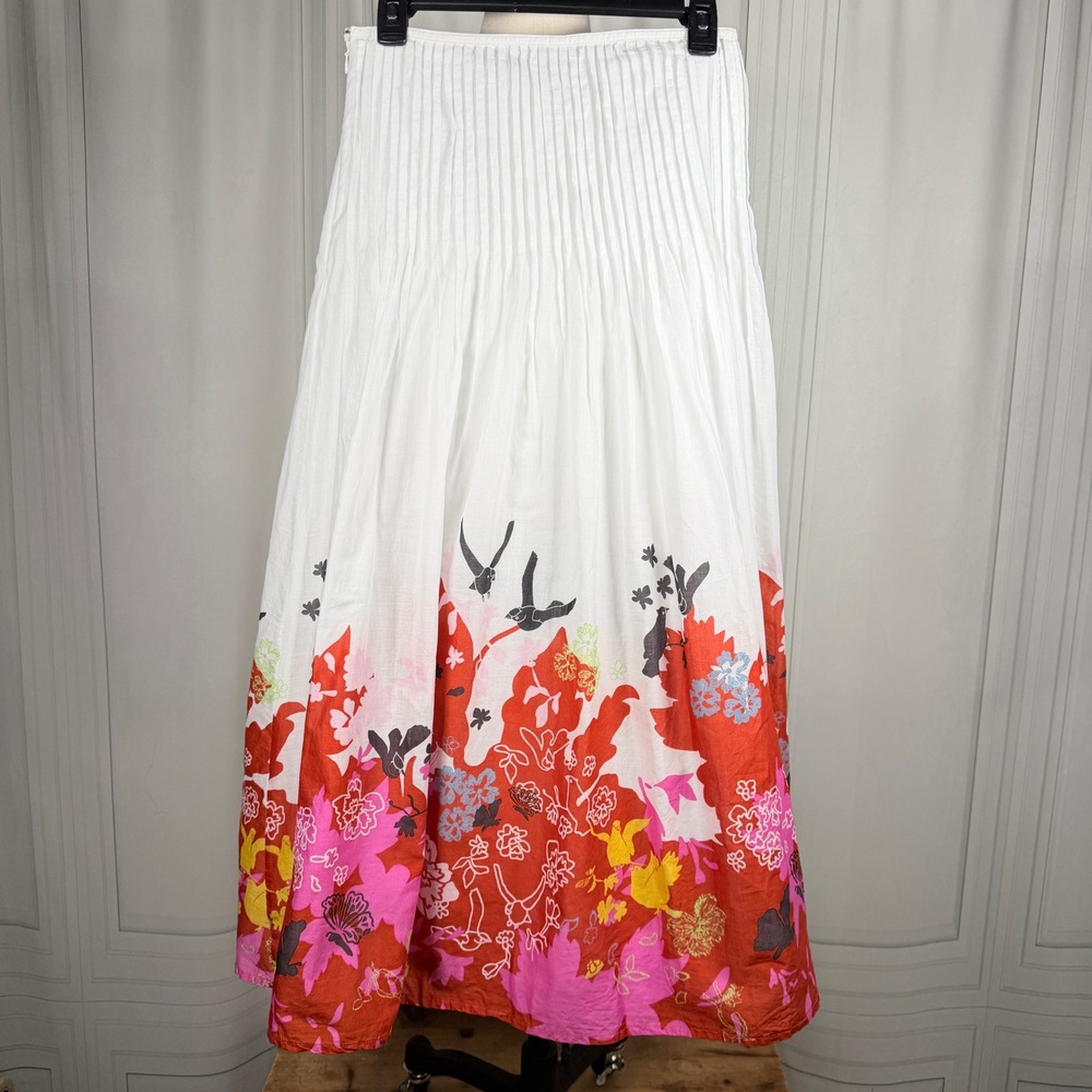 Oilily Cotton Pin-Tuck‎ Pleated Bird & Floral Print Maxi Skirt EU 36 US 4/6